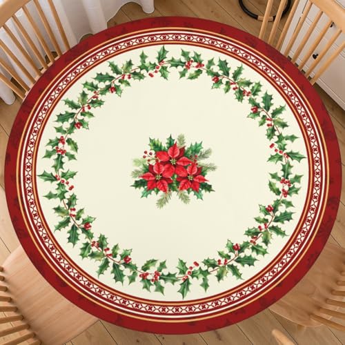 Roverantic Christmas Red Berry Round Tablecloth 44" Beige Elastic Edge Water-Resistant