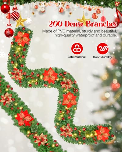 9ft Pre-Lit Christmas Garland with LED Lights, Red Flowers & Berries, Indoor Outdoor Holiday Decor
