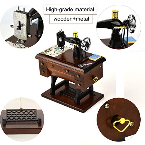 Vintage Sewing Machine Music Box, Wooden Wind-Up Mechanical Musical Gift