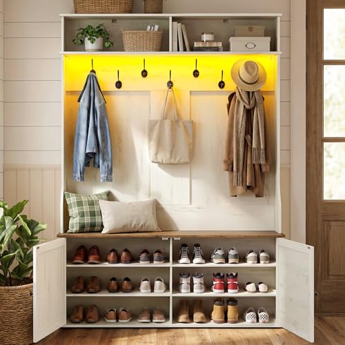 5-in-1 Hall Tree with Shoe Bench, LED Lighting, and 7 Hooks, Rustic White