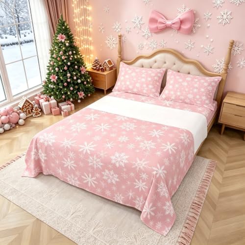 Christmas Queen Bed Sheets Set - Pink Snowflake Pattern, Erosebridal