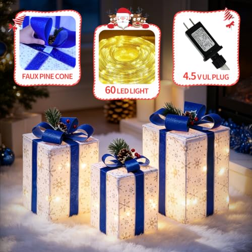 DomKom Blue Rectangular Lighted Gift Boxes Set of 3 Christmas Decorations