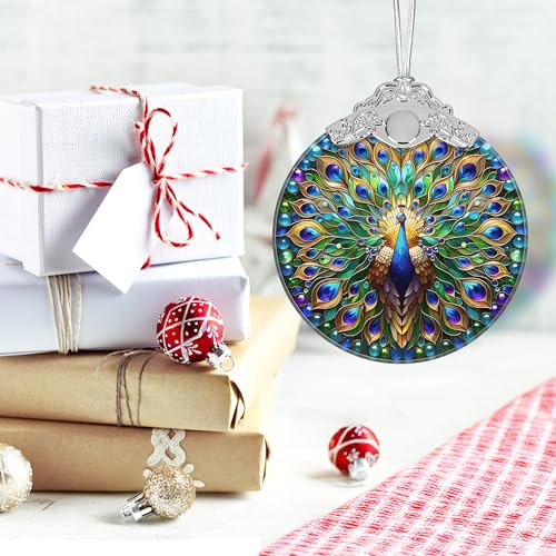 Peacock Stained Glass Ornament - PEMIRSAYO Peacock Christmas Tree Decor (3" x 3.5")