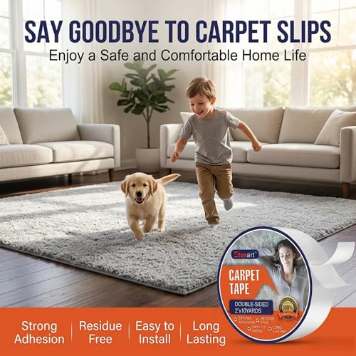 Heavy Duty Double Sided Carpet Tape - 2" x 10 Yds, Residue-Free Rug Adhesive