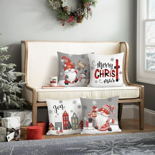 Christmas Gnomes Snowflakes Grey Throw Pillow Covers Set of 4 - 18x18 Inch Holiday Decor