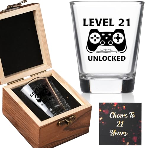 Ithmahco 21st Birthday Gift Set - Level 21 Unlocked Shot Glass & Wooden Box - Gaming Milestone Celebration - Variation: Transparent