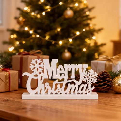 White Merry Christmas Sign - Rustic Wooden Holiday Decor with Snowflake Accents, Farmhouse Christmas Tabletop Decorations for Kitchen, Mantel & Dining Room (Includes 2 pcs Reindeer Sign)