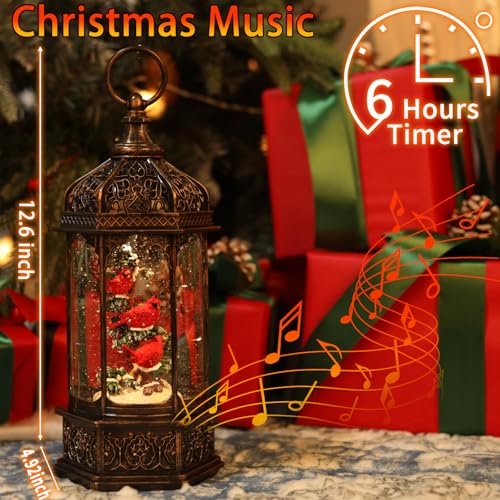 12.6 Inch Cardinal Snow Globe with Music & Lights - Christmas Decor, USB Powered, Gift Idea