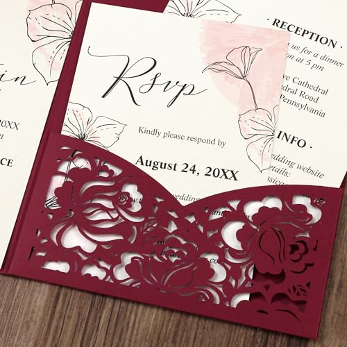 Laser Cut Wedding Invitation Pockets, 5x7 Burgundy Card Holders (50 Pack)