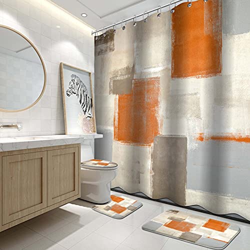4-Piece Orange Modern Art Shower Curtain Set with Non-Slip Bath Rugs