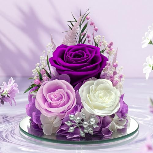 Preserved Purple Rose in Glass Angel Figurine - Eternal Flower Gift