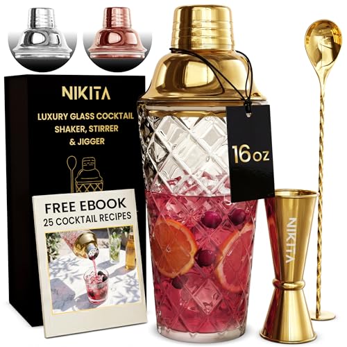 Nikita Gold Cocktail Shaker Set - 5-Piece Bartender Kit with Glass Mixer & Accessories