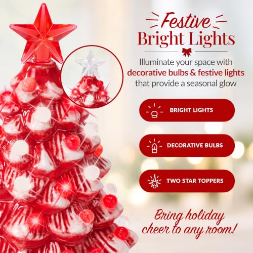 Red Ceramic Christmas Tree Nightlight - Hand Painted Holiday Decor, Plug-in Night Lamp, 6.7in