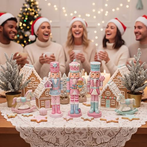 3-Piece Pastel Christmas Nutcracker Set - Resin Gingerbread Holiday Decor