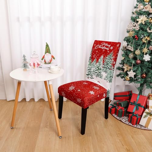 Christmas Chair Covers Set of 6 with Snowman Truck & Tree Design - Stretch Fit Holiday Slipcovers