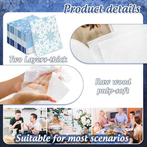 Whaline 150 Pcs Winter Snowflake Napkins — Christmas Blue & White Disposable Dinner & Cocktail Napkins