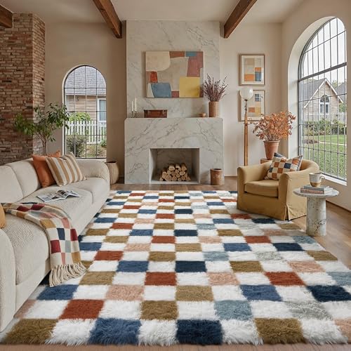 8x10 Checkered Area Rug, Soft Fluffy Shag Carpet for Living Room & Bedroom