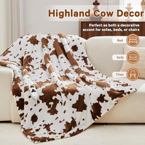 Highland Cow Heated Electric Throw Blanket, 50x60 Brown Sherpa Fleece