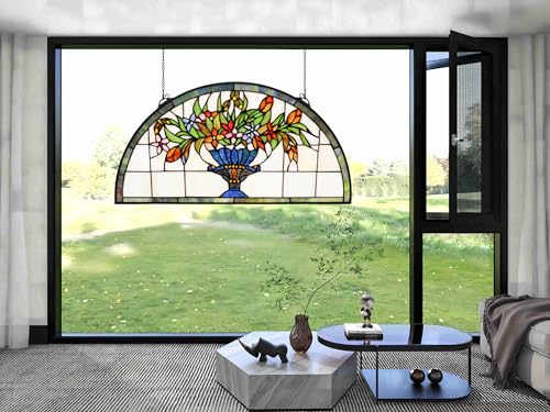 24-Inch Half Round Stained Glass Window Hanging Panel