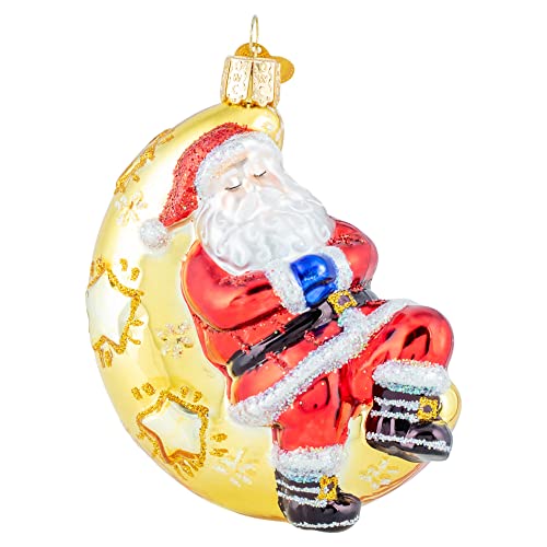 Moonlight Santa Glass Ornament on Crescent Moon - Old World Christmas, Moonlight Santa