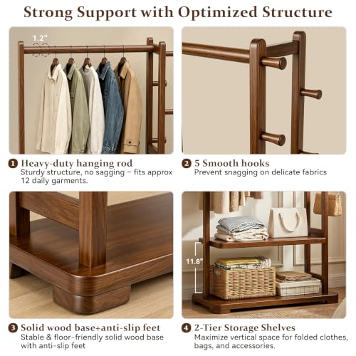 Solid Wood Freestanding Coat Rack with Shelves and 5 Hooks
