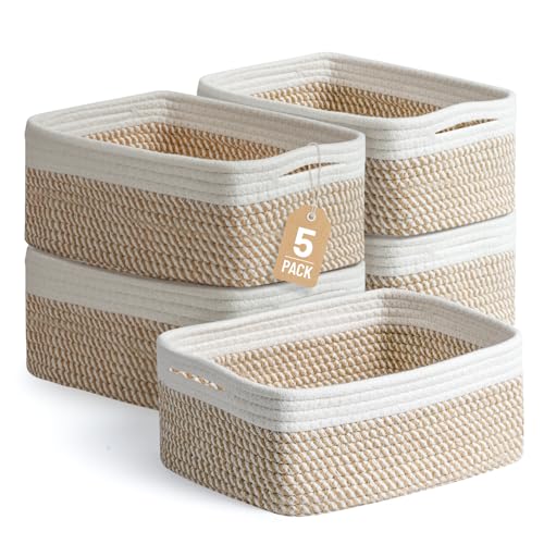 5-Pack Small Woven Cotton Rope Storage Baskets for Shelves and Closets