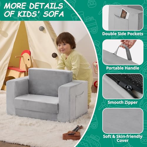2-in-1 Foldable Toddler Sofa Chair - Grey Velvet Kids Recliner