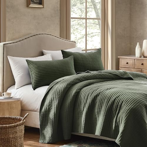 WDCOZY 100% Cotton Queen Quilt Set - Olive Green Striped Bedspread (3 Piece)