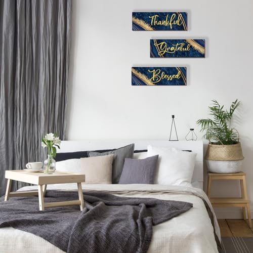 3-Piece Blue and Gold Wall Decor - Thankful Grateful Blessed Art Set