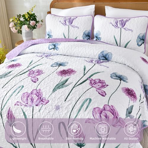 Purple Floral Queen Quilt Set, 3-Piece Reversible Coverlet Set