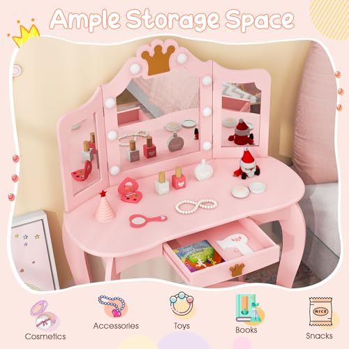 Kids Vanity Set with Mirror and Stool, Lighted Makeup Table for Girls