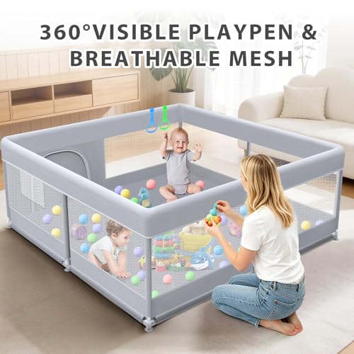 Large Baby Playpen 50x50 Inch Toddler Play Yard with Breathable Mesh Grey
