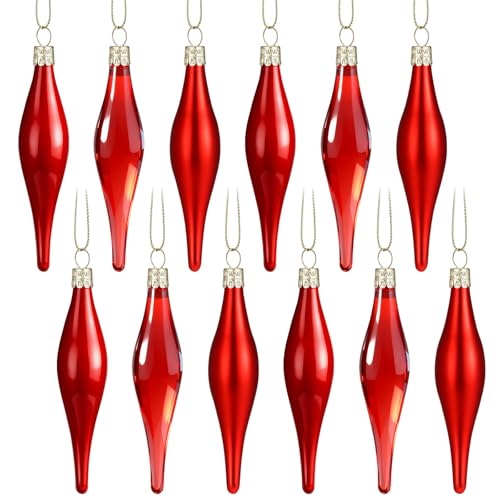 Seenelling 12 Pcs Red Glass Teardrop Christmas Ornaments - 3 Styles