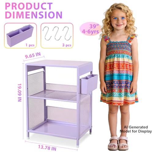 Small Purple Metal Nightstand with Storage Hooks and Adjustable Shelf