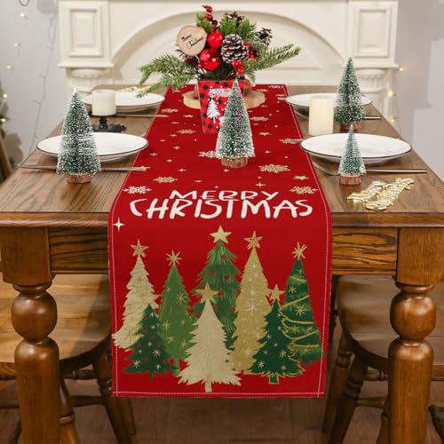 Siilues Christmas Table Runner 13x36 in - Trees, Snowflakes & Merry Christmas, Holiday Decor