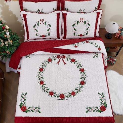 EVENHUG Christmas Quilt Set King Size 3 Pieces with Pillow Shams – Red B Floral Lightweight Bedspread