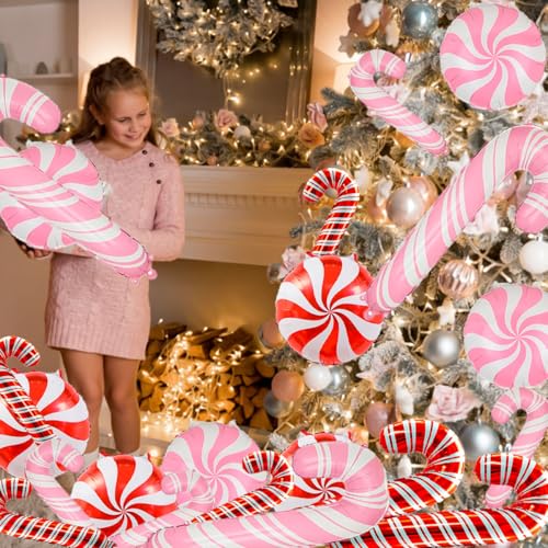 Wclliuchi 23Pcs Pink Candy Cane Christmas Balloons Set - Foil Party Decor