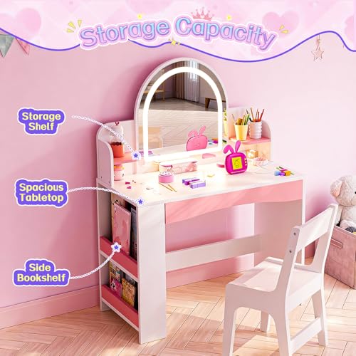 Kids Vanity Table and Chair Set with 3-Mode LED Lighted Mirror and Storage