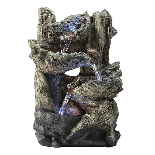14-Inch Tiered Log Tabletop Water Fountain with LED Lights for Home & Office