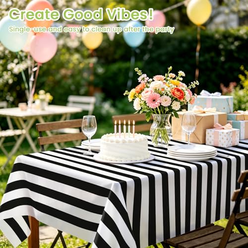 Mulbozy Black & White Stripe Tablecloth 54x108 in, 2 Pack – Disposable Plastic Table Cover