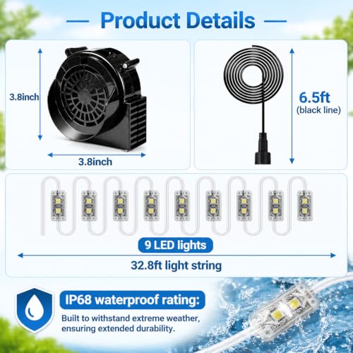 Suonncudst Black 12V 1.5A Inflatable Fan & 2.0A Power Adapter with 9 LED Lights