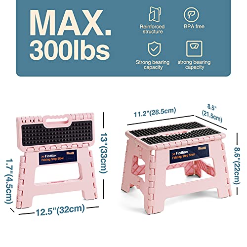 9 Inch Folding Step Stool with Handle - Non-Slip Plastic Stool (Pink)