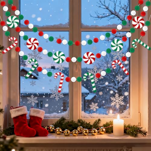 Jansun 3 Pack Christmas Felt Candy Cane Garland - Candy Themed Holiday Decor