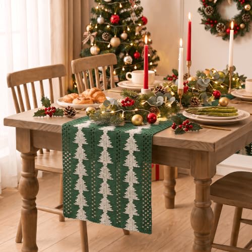 Artoid Mode 12x120 Inch Green Woven Table Runner - Beige Tree Christmas