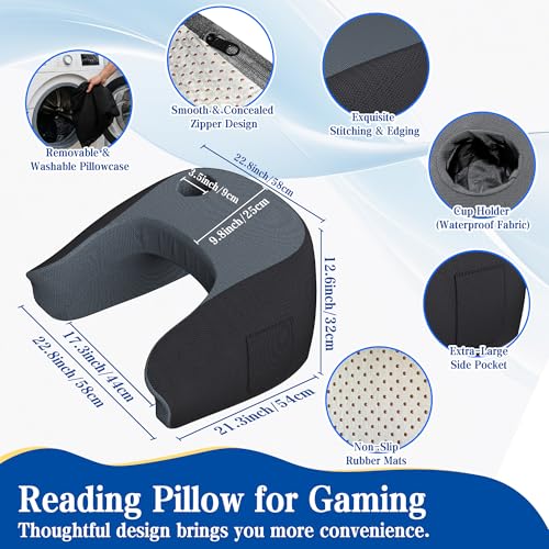 Ergonomic Memory Foam Reading Pillow with Cup Holder & Pocket