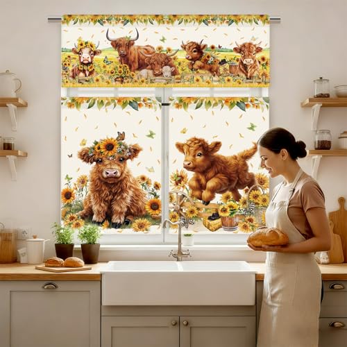 13-Piece Sunflower Highland Cow Kitchen Decor Set with Curtains and Rugs