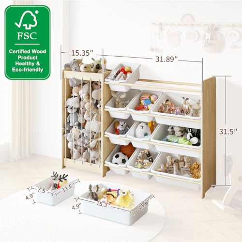Kids Toy Storage Organizer with 12 Bins & Stuffed Animal Display Rack