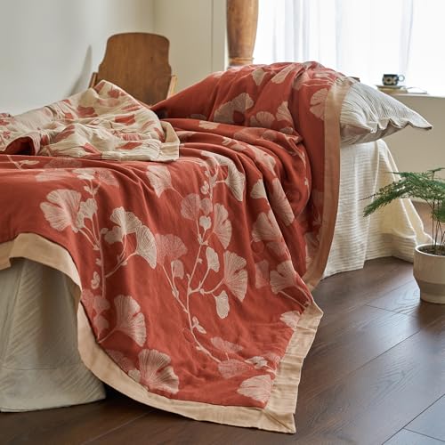 Reversible 100% Cotton Muslin Quilt - Ginkgo Leaf Floral Design, Queen