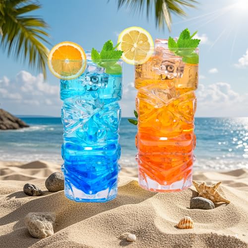 PYVYLO 15oz Set of 6 Tiki Glasses - Clear Glass Cocktail Cups with Tiki Face Design