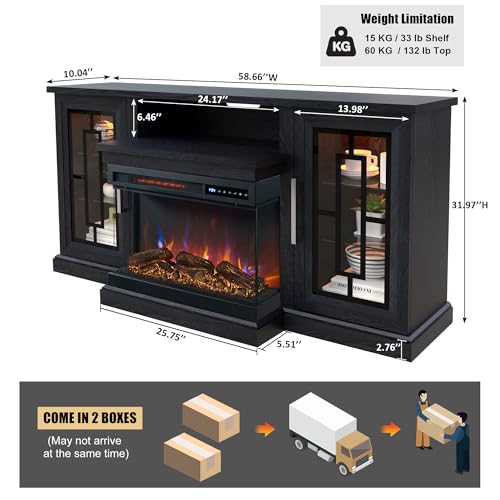 59-Inch LED TV Stand with 3-Side Glass Electric Fireplace